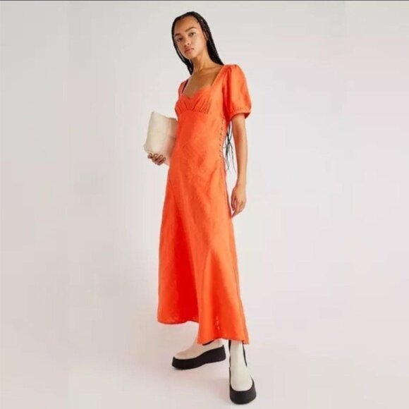 Free People Dress Catch The Light Orange Short Sleeve Womens Medium - Picture 11 of 11
